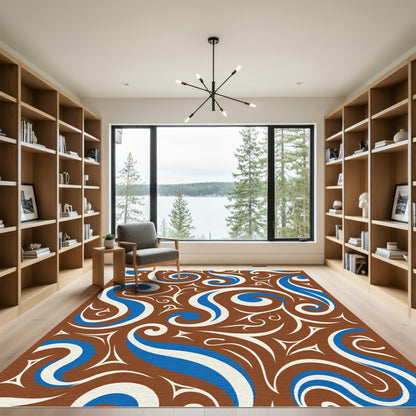 Brown Blue White Swirls Abstraction Rug