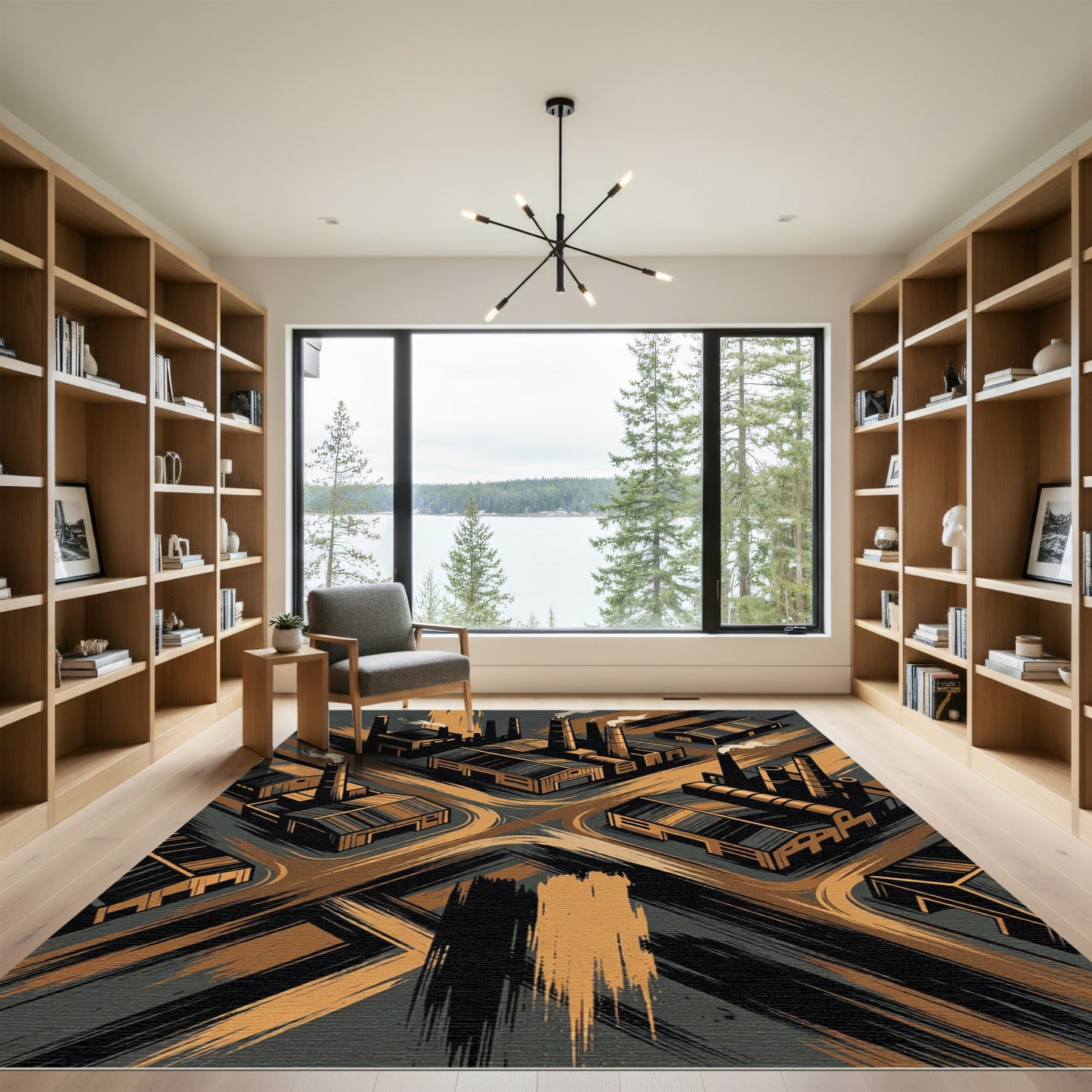 Industrial Charcoal and Amber Factory Landscape Rug