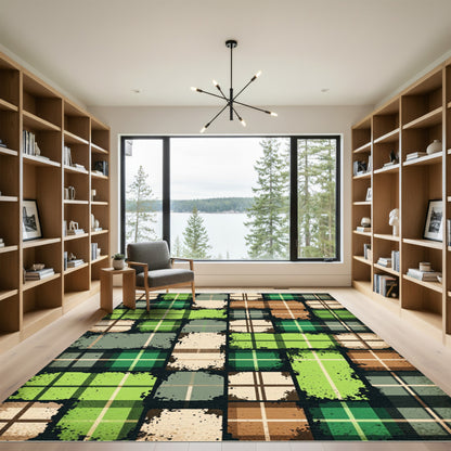 Green Brown Cream Grunge Plaid Patchwork Rug