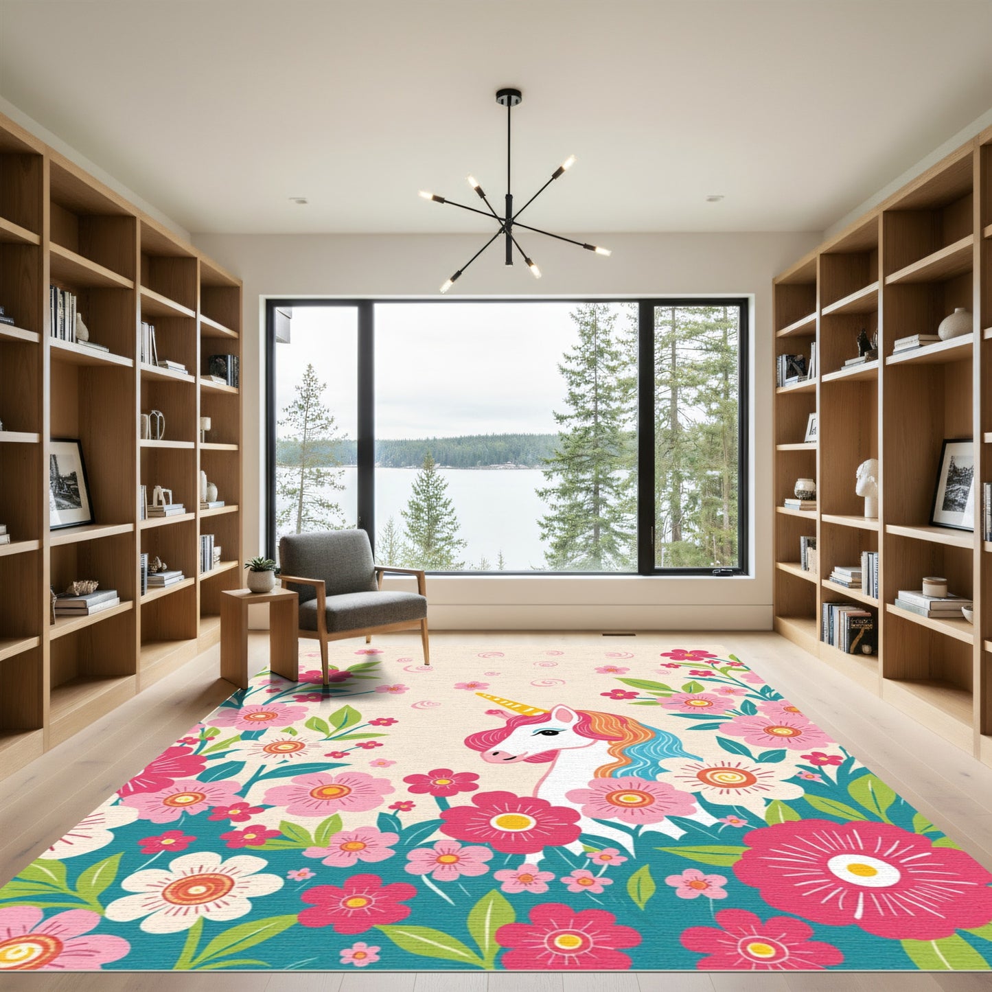 Whimsical Unicorn Floral Garden Statement Rug