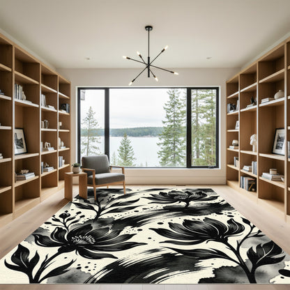 Elegant Black Blossom Ink Splatter Rug