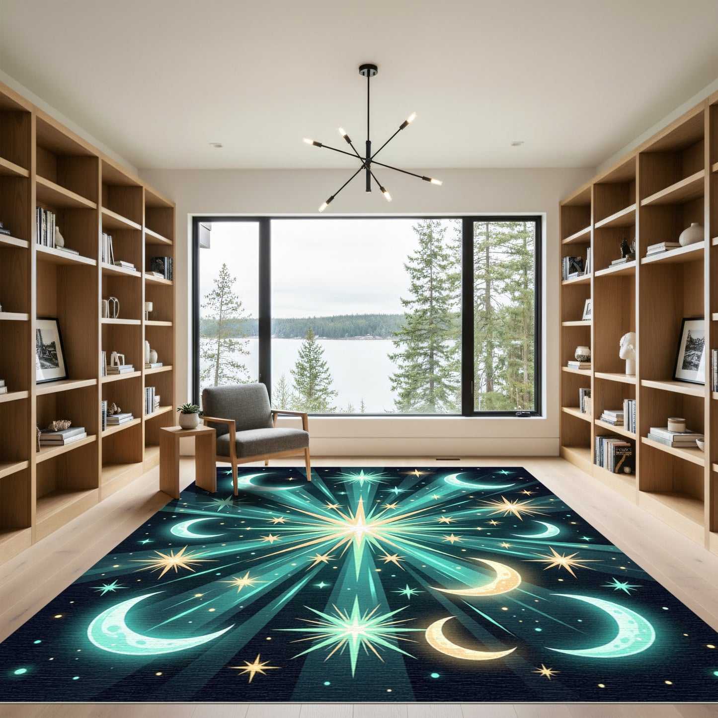 Celestial Turquoise Crescent Moon Stars Rug