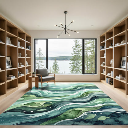 Abstract Flowing Emerald Ocean Wave Rug