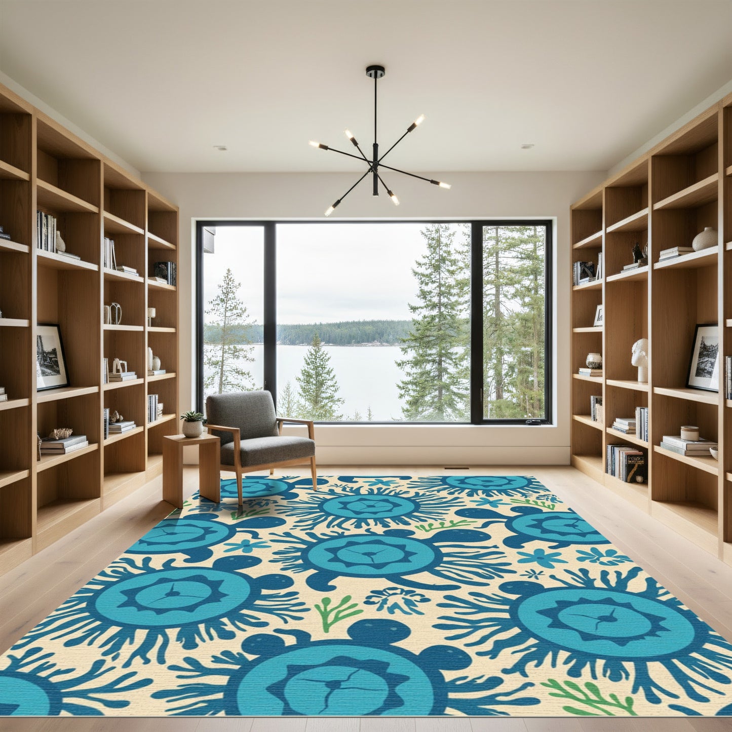 Oceanic Blue Turtle Floral Seaweed Rug