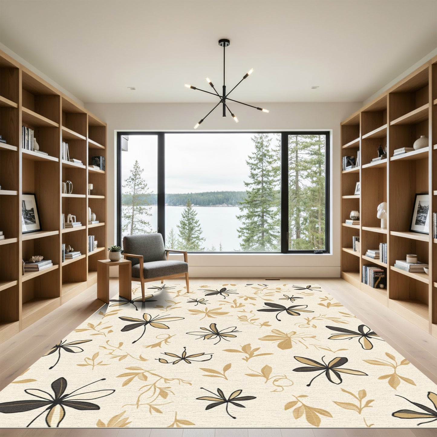 Cream Brown Botanical Flower Arrangement Rug