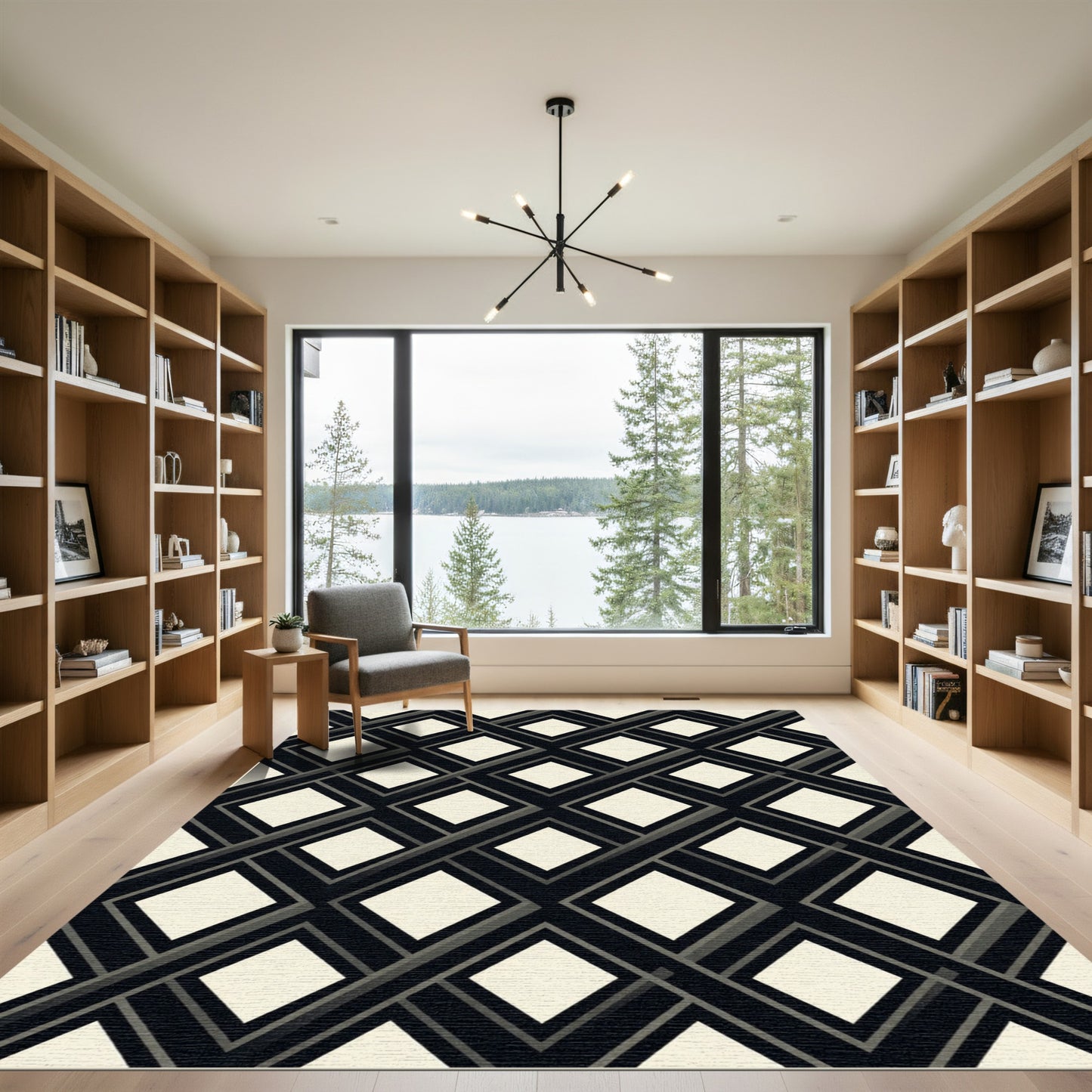 Sophisticated Black and Cream Geometric Diamond Rug