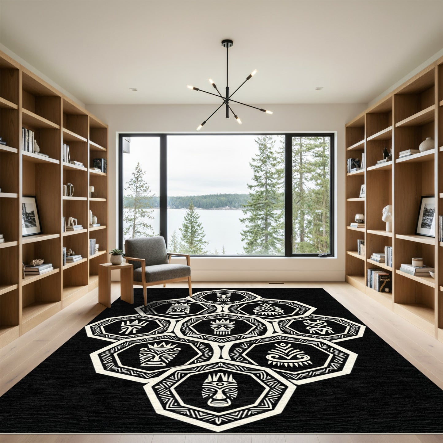 Monochrome Tribal Hexagon Totem Art Rug