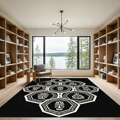Monochrome Tribal Hexagon Totem Art Rug