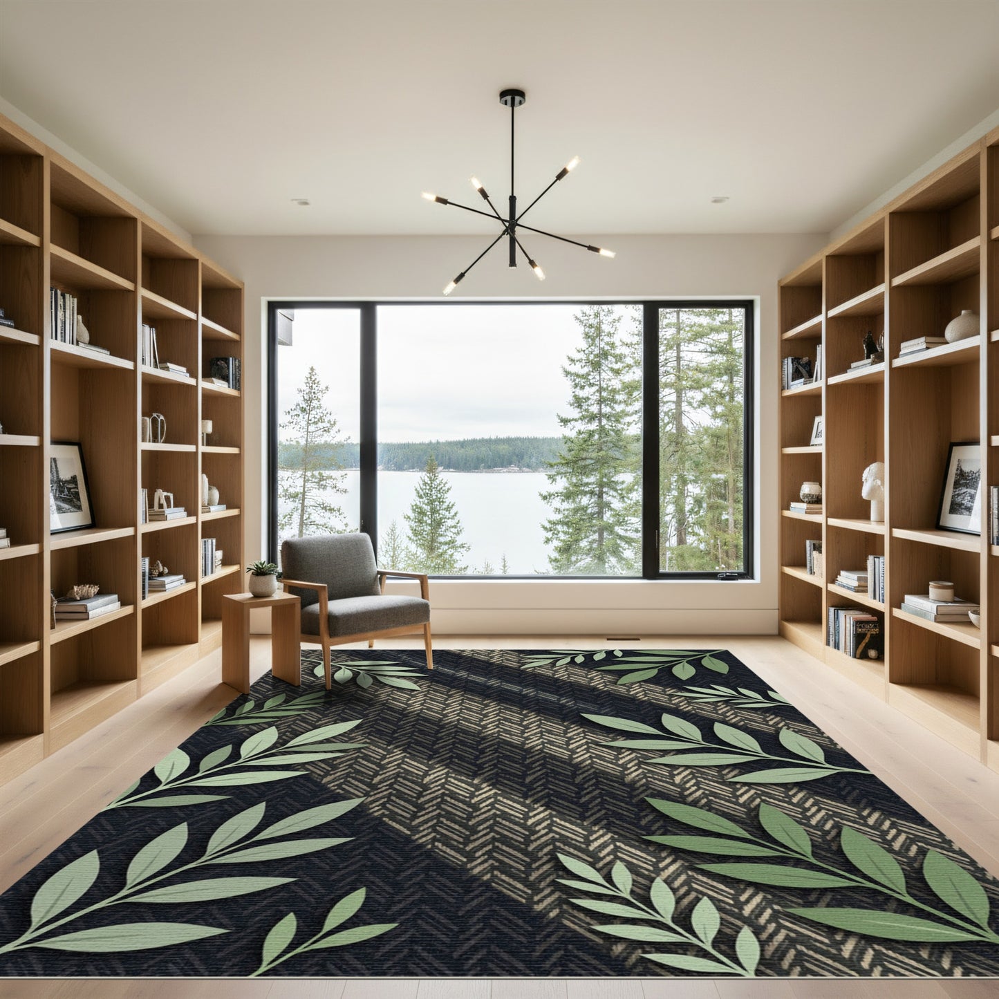 Elegant Botanical Herringbone Sage Black Rug