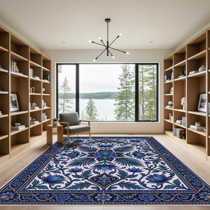 Royal Blue Floral Ornate Symmetry Rug
