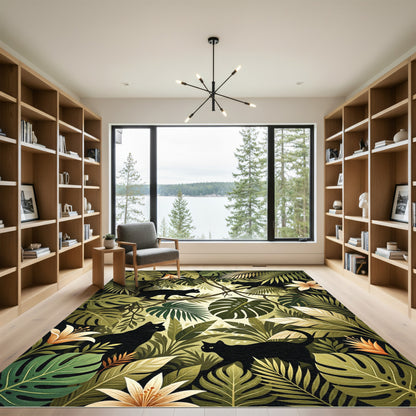 Jungle Black Cats Lush Foliage Rug