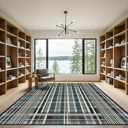 Dark Teal Plaid Grid Lines Rug