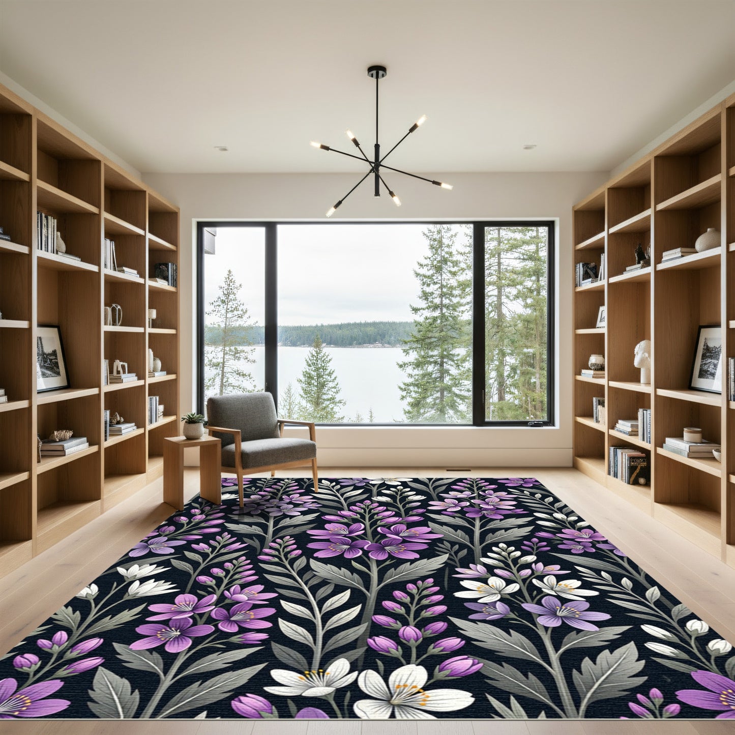 Purple White Floral Branch Composition Rug