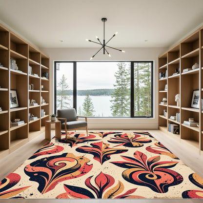Abstract Red and Gold Floral Swirl Rug
