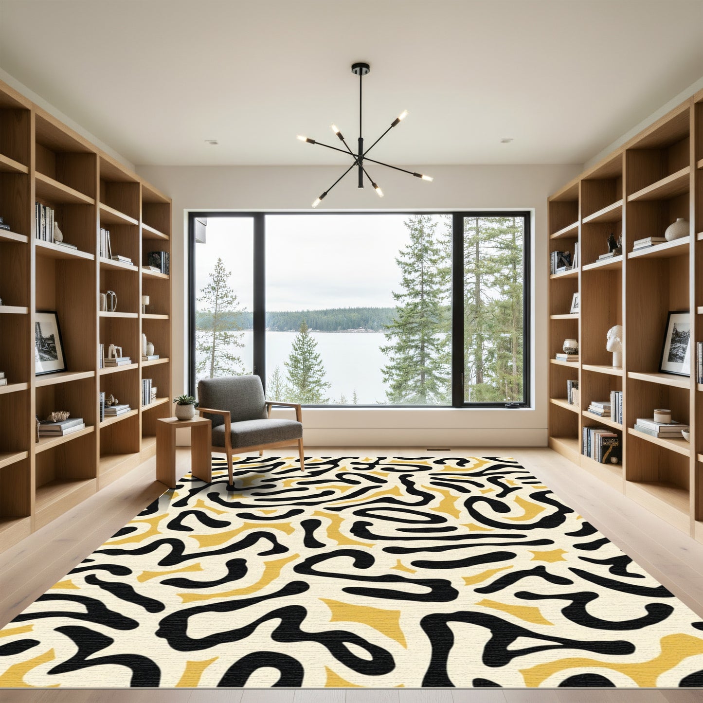Abstract Black Yellow Swirl Shapes Rug