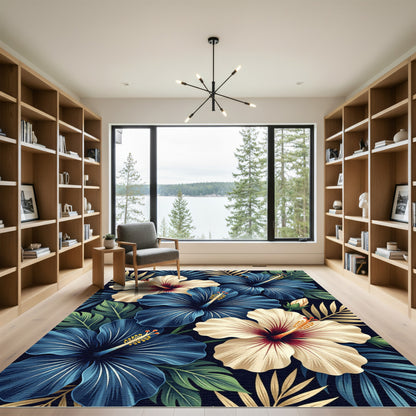 Navy and Cream Tropical Hibiscus Floral Rug