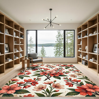 Coral Peach Blossom Branch Art Rug