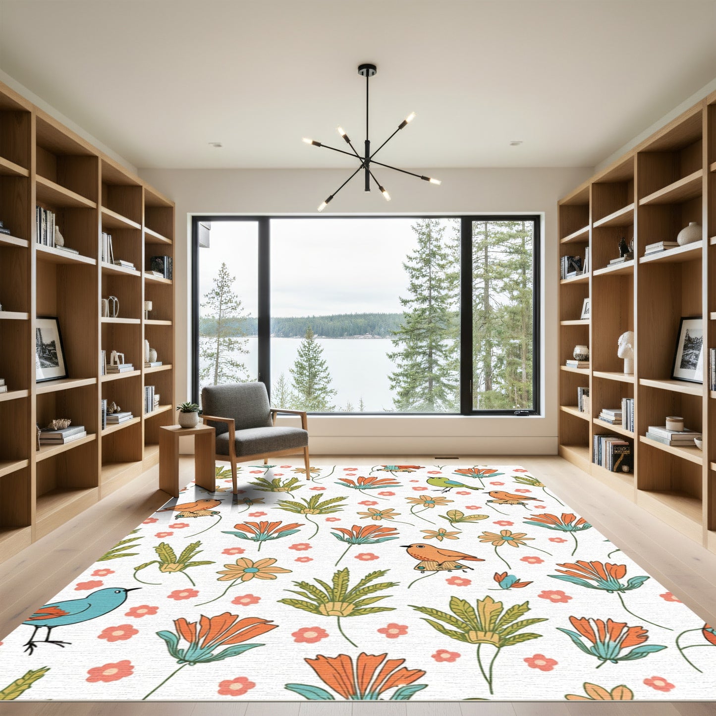 Coral Orange Birds Green Foliage Rug