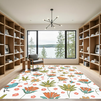 Coral Orange Birds Green Foliage Rug
