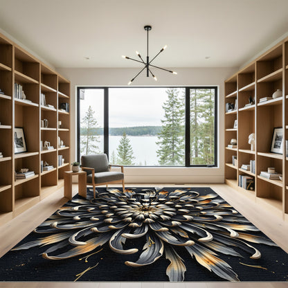 Dramatic Black Golden Chrysanthemum Bloom Rug