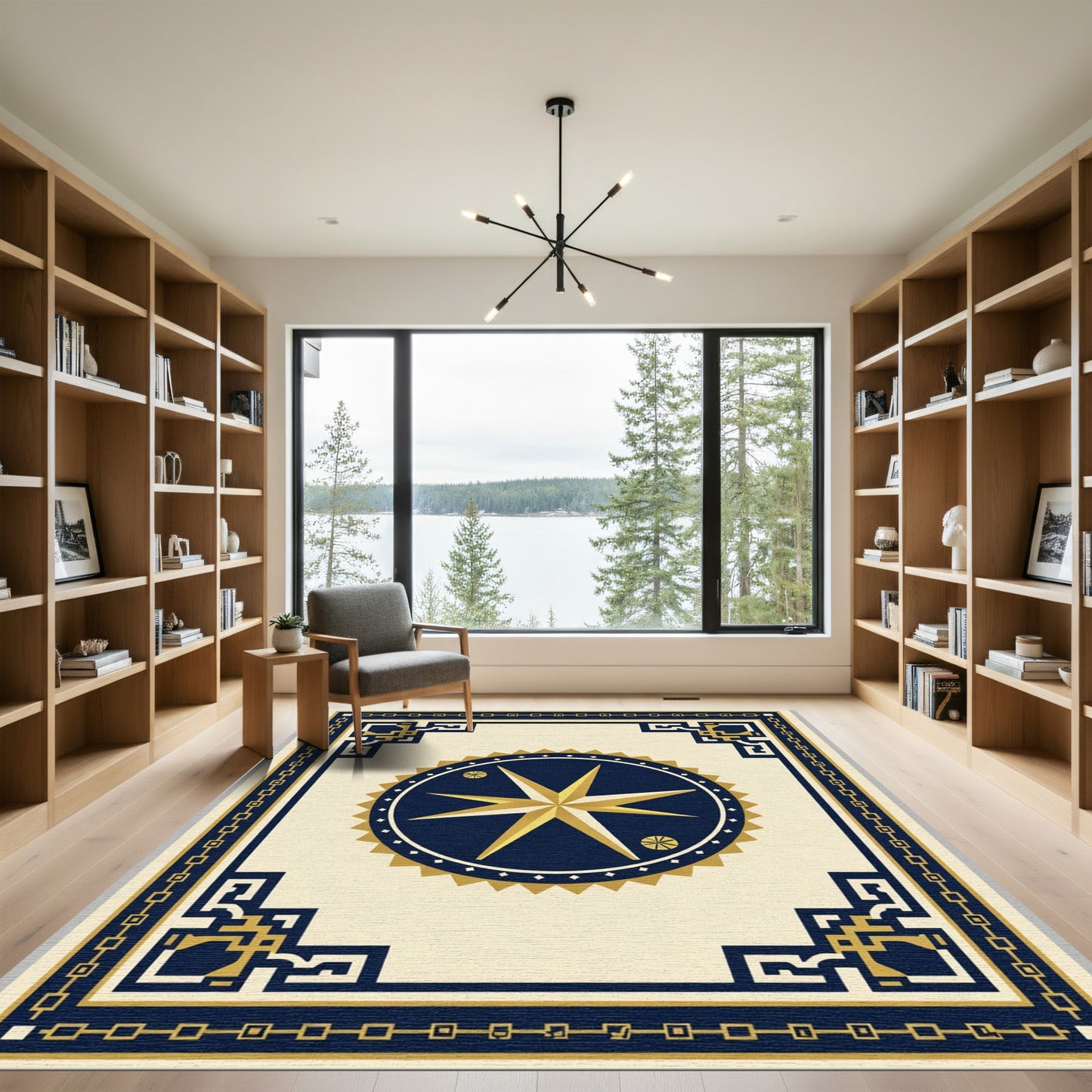 Navy Gold Compass Star Border Rug