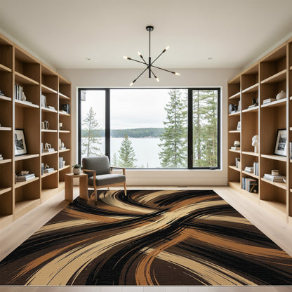 Golden Black Abstract Swirling Earth Tone Rug