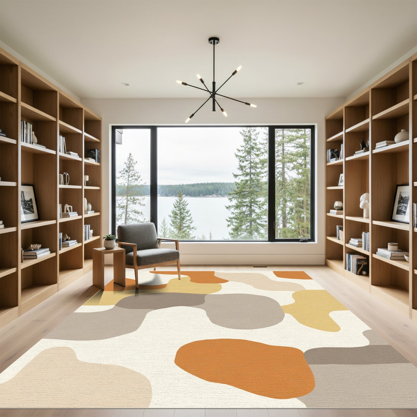 Abstract Organic Shapes Ochre Gray Flowing Rug