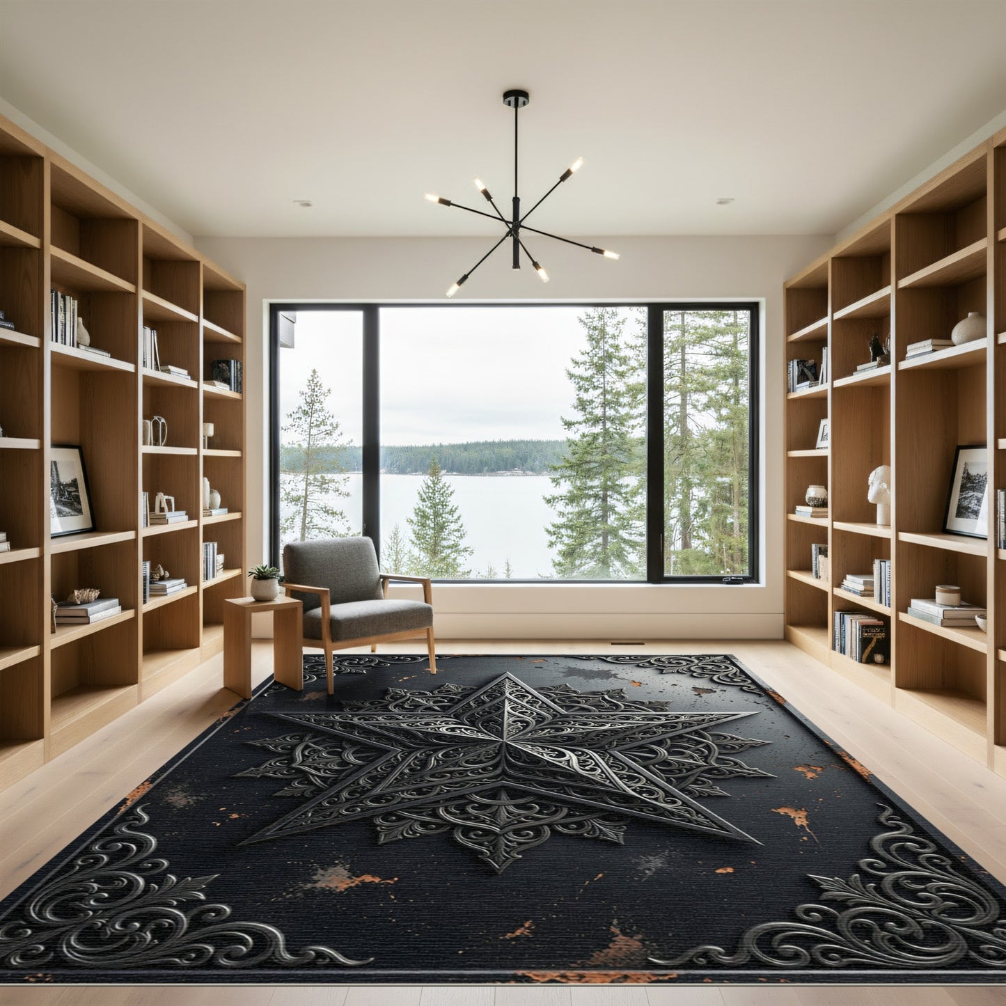 Intricate Black Steel Star With Filigree Swirls Rug