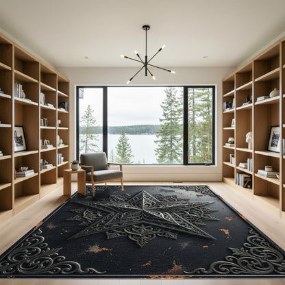 Intricate Black Steel Star With Filigree Swirls Rug