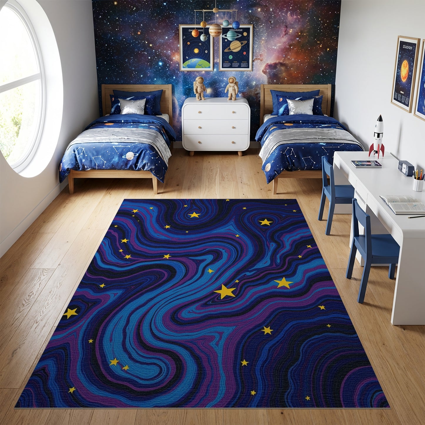 Swirling Yellow Stars Deep Blue Rug 2