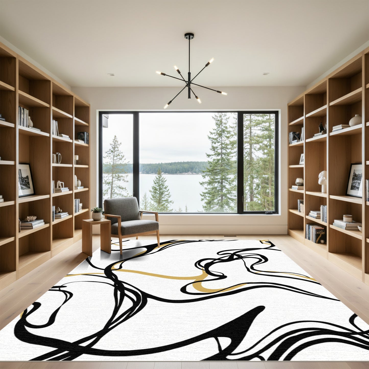 Abstract Gold Black Swirls Rug