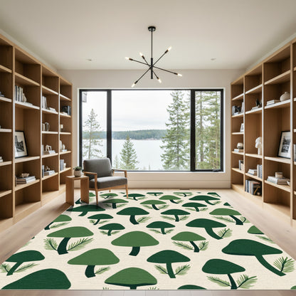 Forest Green Mushroom Pine Needle Pattern Rug