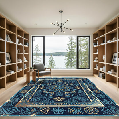 Deep Blue Golden Geometric Medallion Rug
