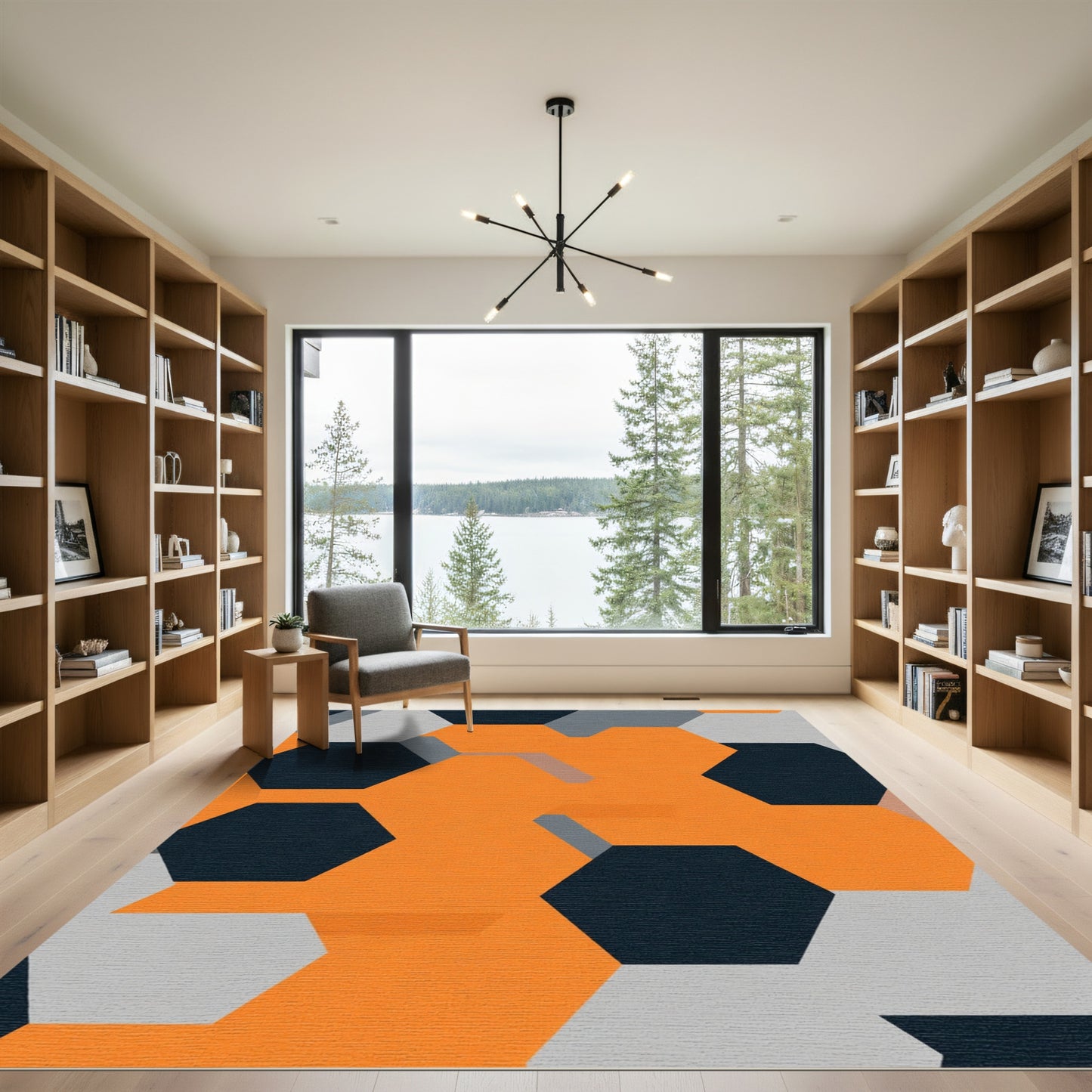 Orange Gray Navy Hexagonal Geometric Rug