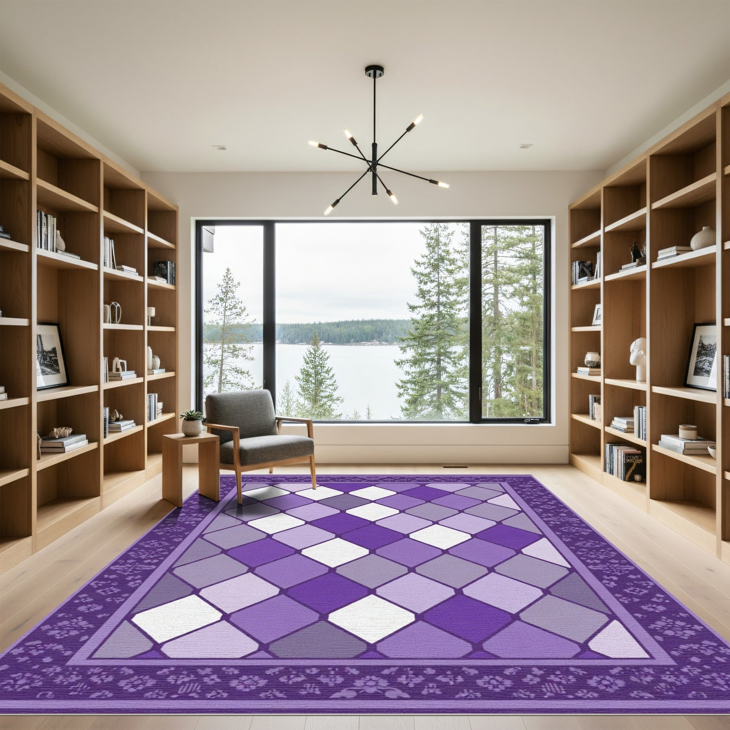 Purple Diamond Bordered Geometric Rug