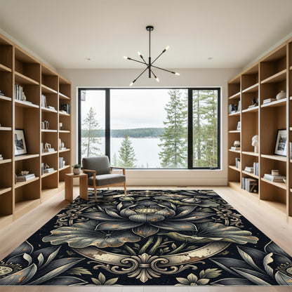 Ornate Dark Lotus Floral Scroll Rug