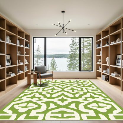 Off White Green Lattice Interlocking Medallion Rug