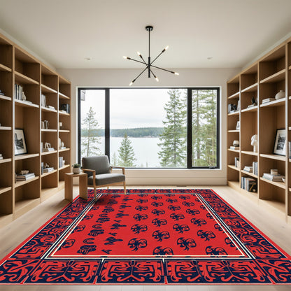 Bold Red Abstract Tribal Border Rugby Rug