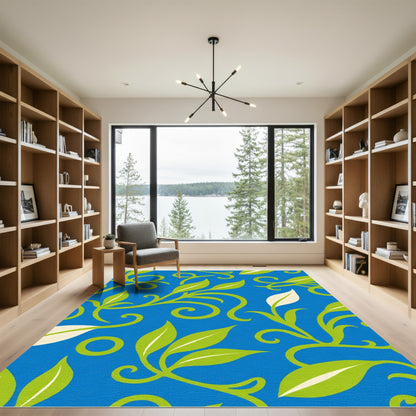 Blue Green Leaf Swirl Branch Rug