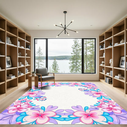 Whimsical Pink Blue Floral Frame Rug