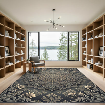 Ornate Golden Floral Mandala Charcoal Rug
