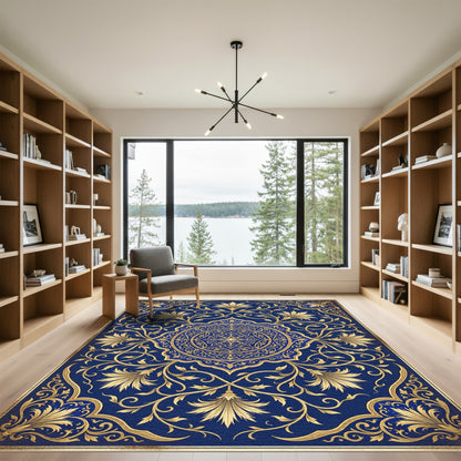 Royal Blue Golden Ornate Floral Medallion Rug