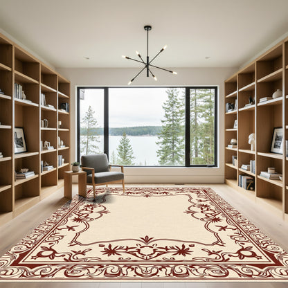 Crimson Vintage Floral Scroll Frame Rug