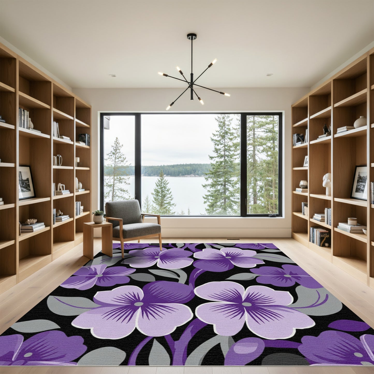 Purple Floral Vine Black Background Rug