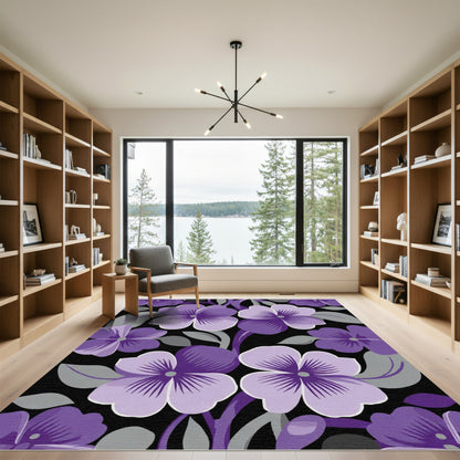 Purple Floral Vine Black Background Rug