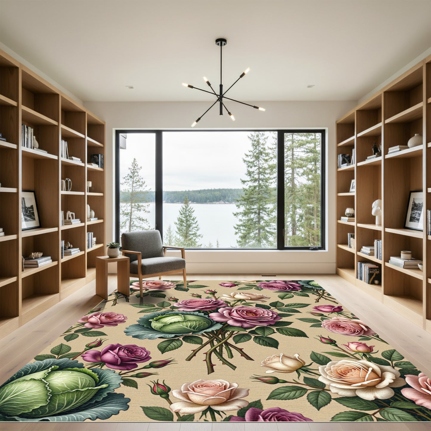 Botanical Rose and Cabbage Garden Bouquet Rug