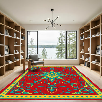 Crimson Teal Golden Floral Medallion Rug