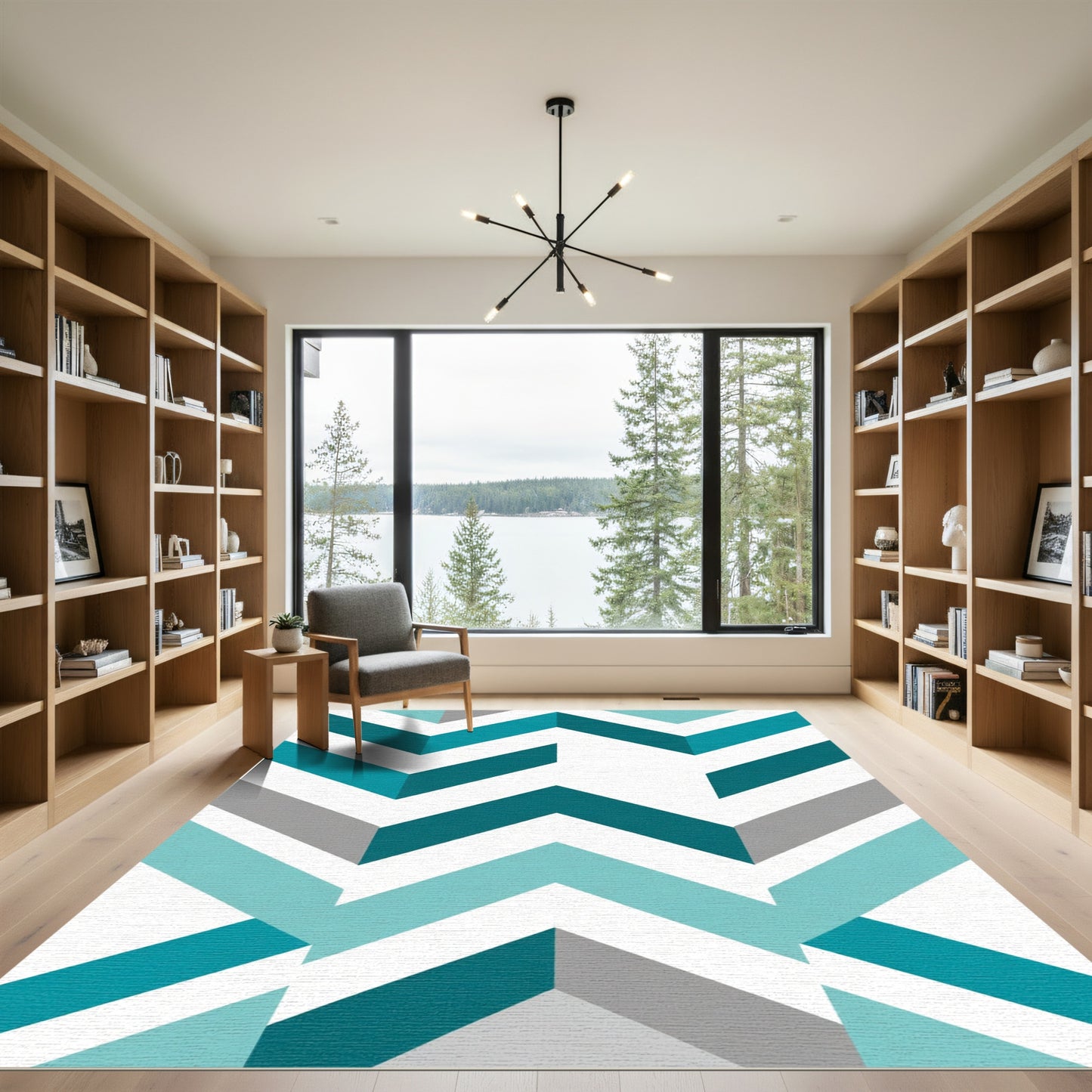 Teal Gray White Chevron Geometric Rug