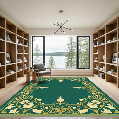 Emerald Green Floral Golden Border Rug