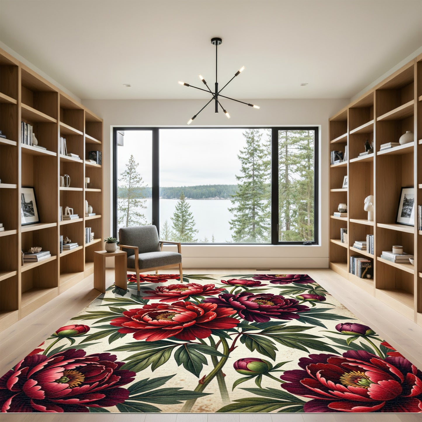 Rich Scarlet Peony Floral Garden Rug